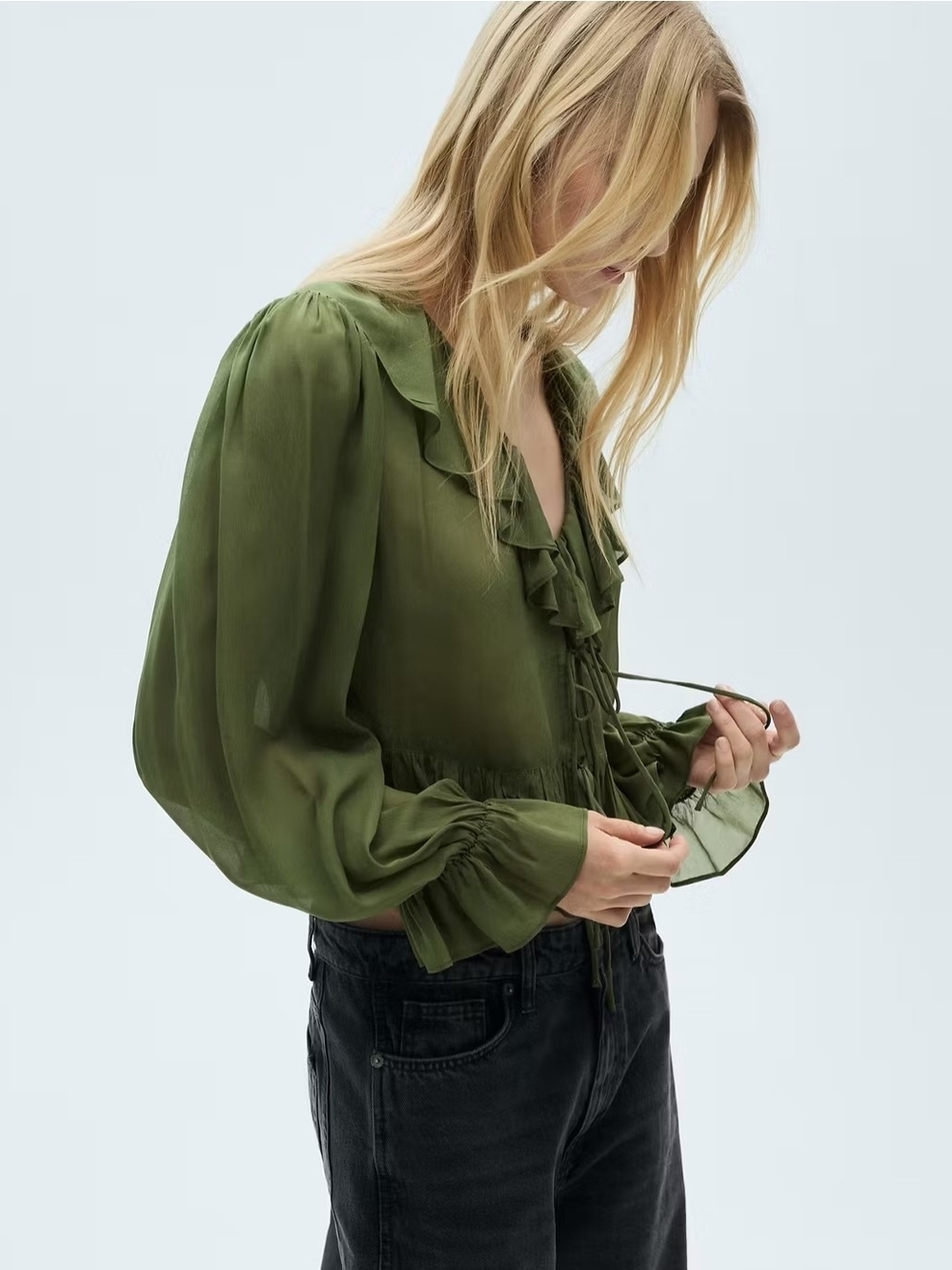 Olive Green Ruffle V-Neck Blouse - Women